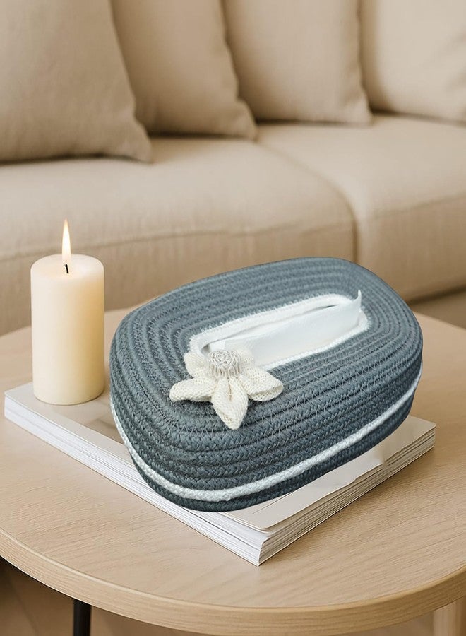 Ariya Cotton Blend Oval Tissue Box Holder | Grey Colour with White Line & Flower | 3 x 11.7 inch | Holds 100 Pulls | Handcrafted for Home, Office, Car & Desk | Dining & Living Room Decor - Image 2